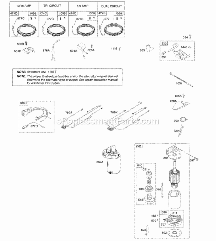 Alternator Electric Starter Ignition Diagram and Parts List for 401577-0125-B1  Briggs and Stratton Engine